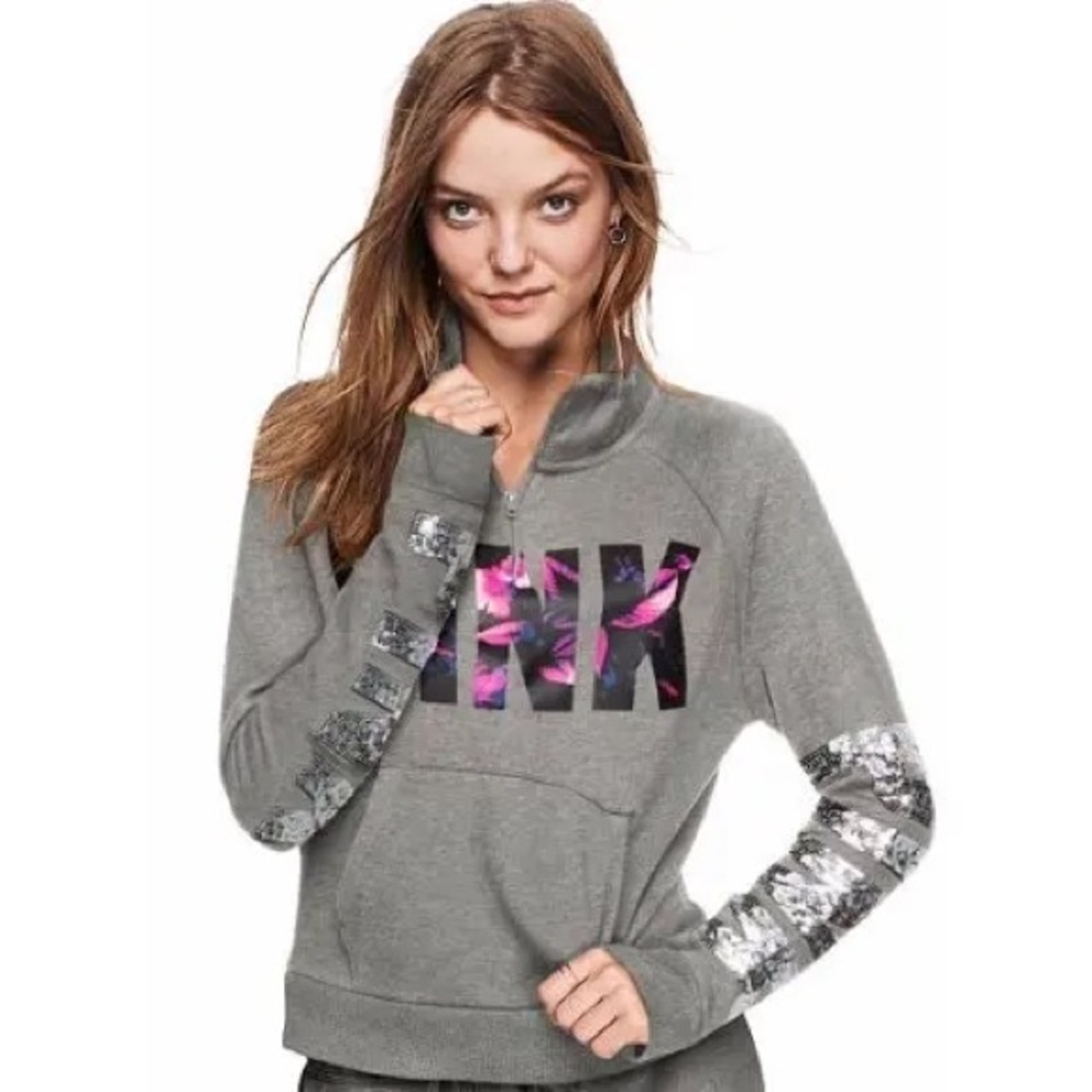 Victoria’s Secret PINK Bling Floral Quarter Zip Pullover – Gray, Small